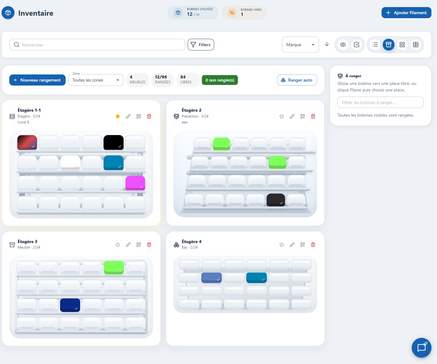 Vue rack de l'inventaire SpoolyTracker